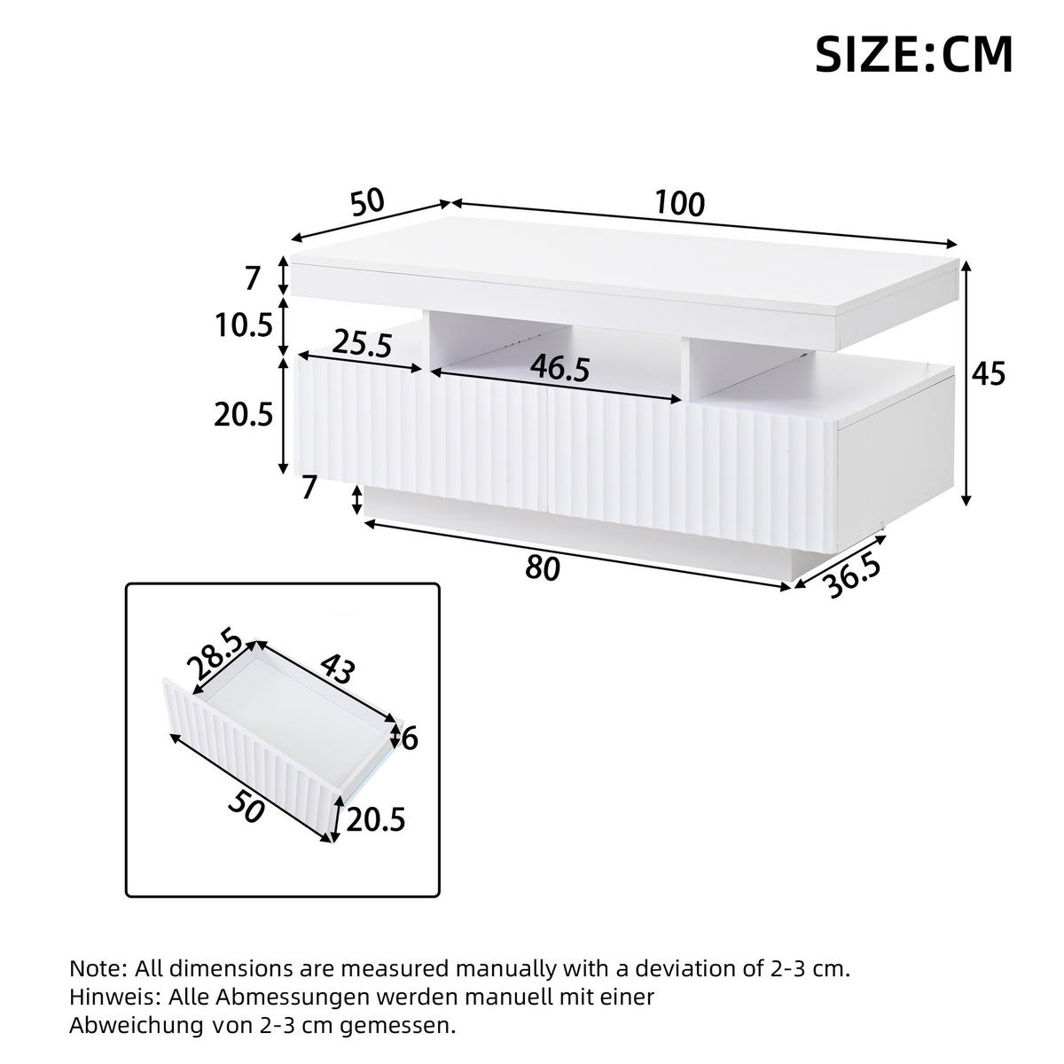 COUCHTISCH aus Spanplatte 100x50x45 cm Weiß mit 2 Schubladen und app-gesteuerter LED-Beleuchtung - Weiß, Holzwerkstoff (100/50/45cm) - IVMEU