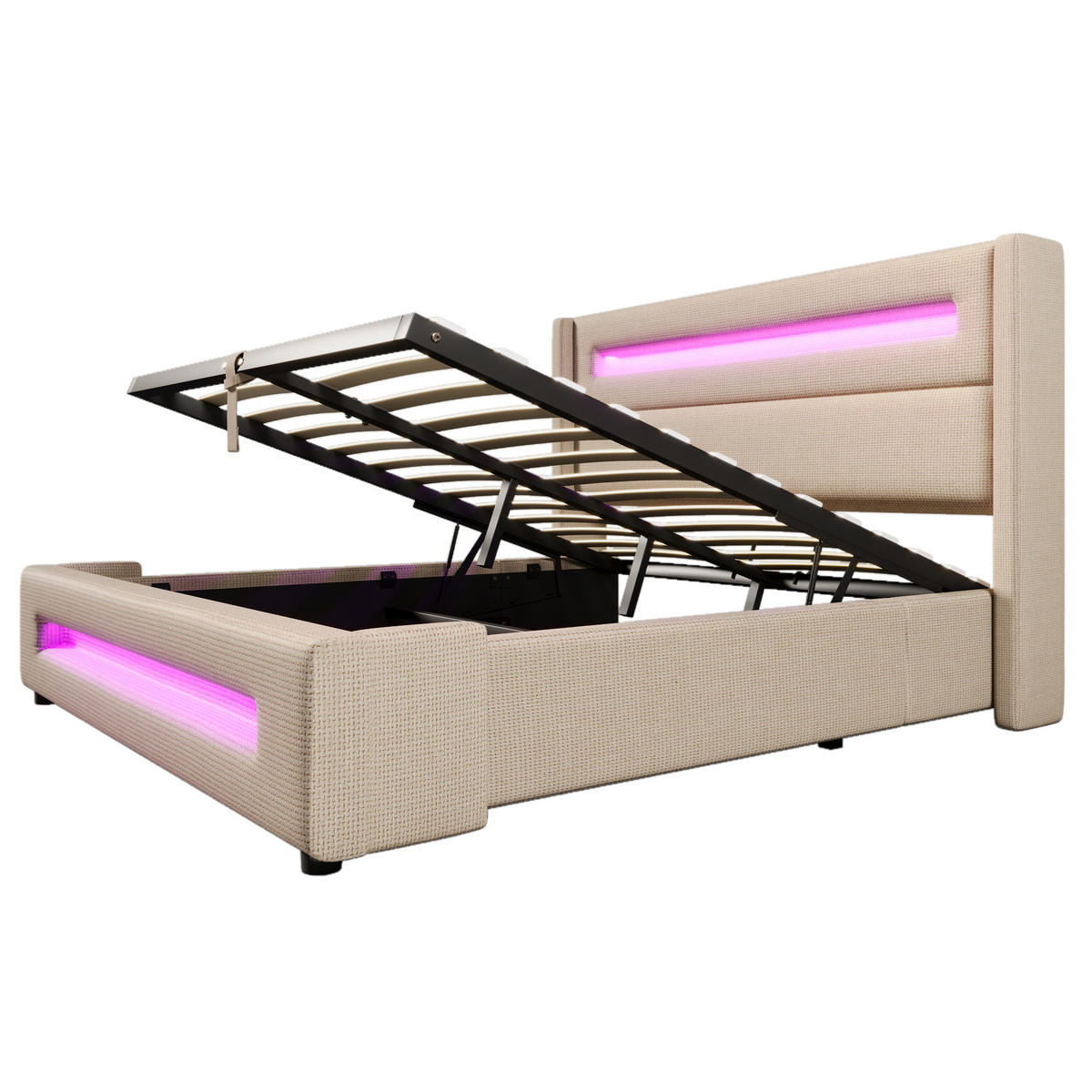 POLSTERBETT 160/200 cm Beige mit LED und Stauraum mit USB Type-C Aufladen - Beige, Textil (160/200cm) - OKWISH