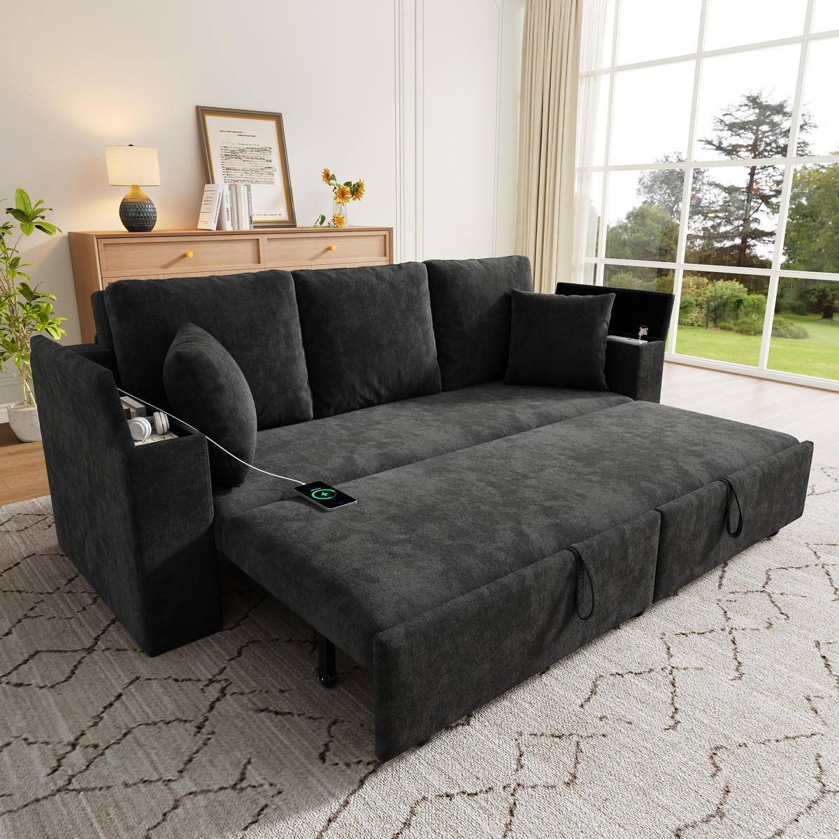 SCHLAFSOFA mit Schlaffunktion, USB, Stauraum, Grau, 210,5/192/93 cm - Grau, Textil (210.5/93/192cm) - EVRYAE