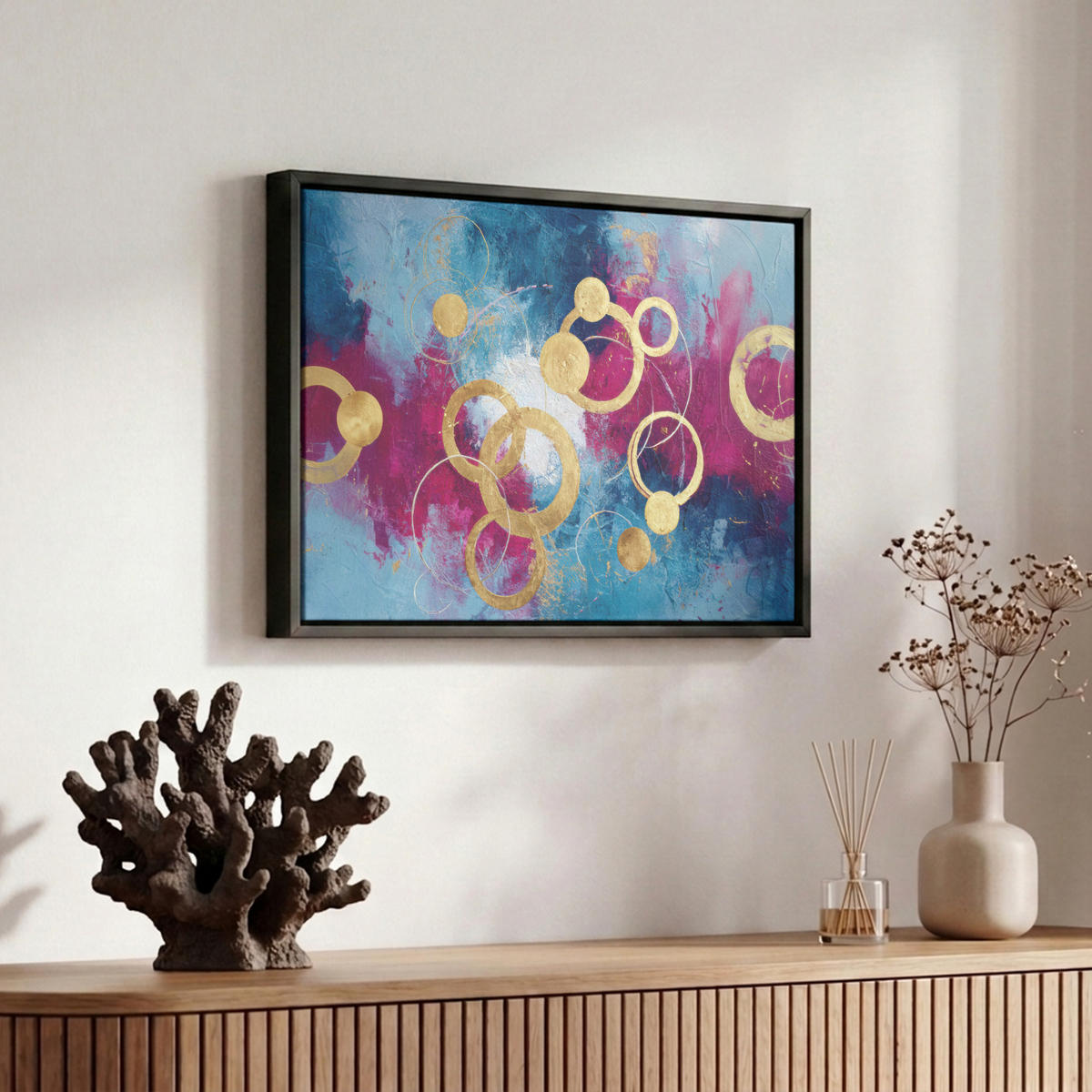 LEINWAND Bilder mit Rahmen - Kreise - Gold - Abstrakt - 30x20 - Blau, Textil (30/20cm) - MuchoWow