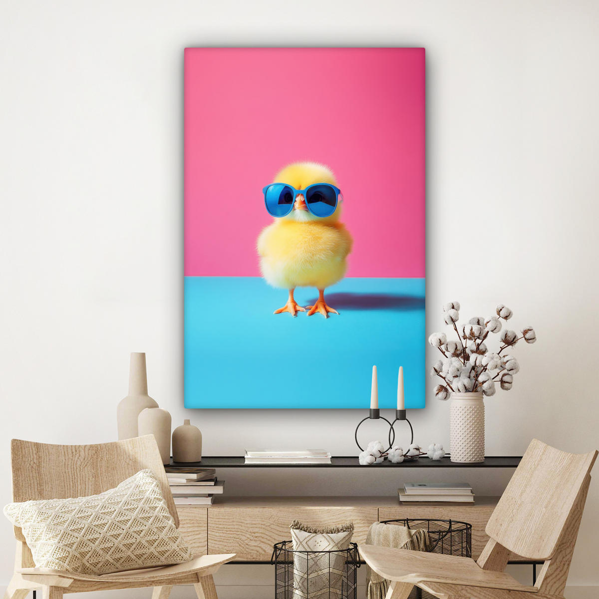 LEINWANDBILD Chick - Sonnenbrille - Blau Deko XXL 80x120 cm - Pink/Gelb, Textil (80/120cm) - MuchoWow