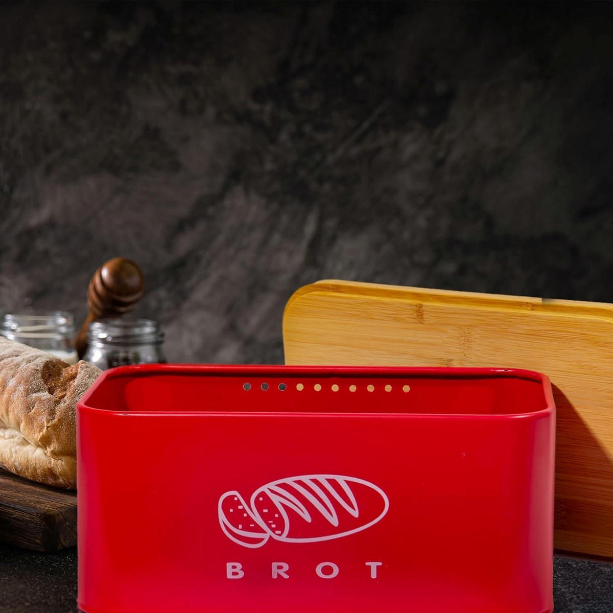 BROTKASTEN mit Bambusdeckel 30 cm Rot - Rot, Metall (18/14/30cm)