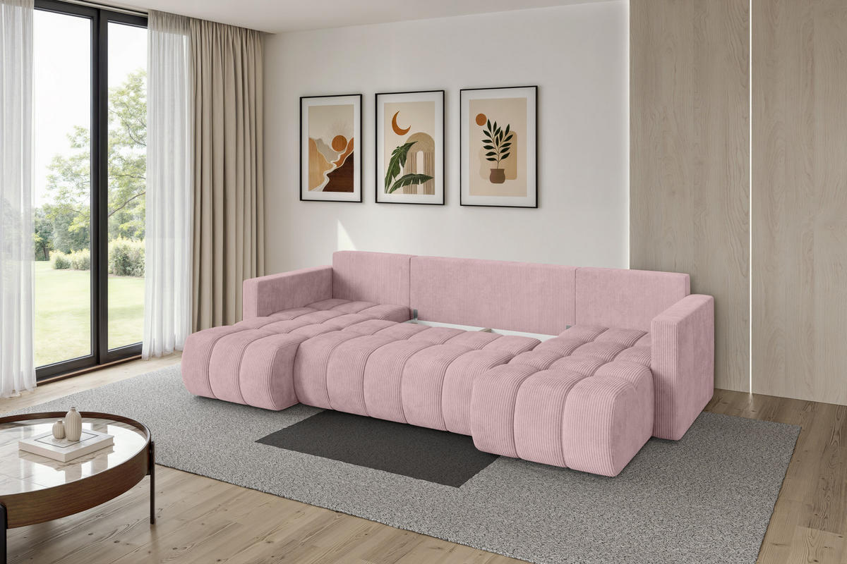 SEDACÍ SOUPRAVA DO U s funkcí spaní a úložným prostorem GARD-U 300x146x85 růžová manšestr - růžová/černá, kompozitní dřevo/textil (300/85/146cm) - ALTDECOR
