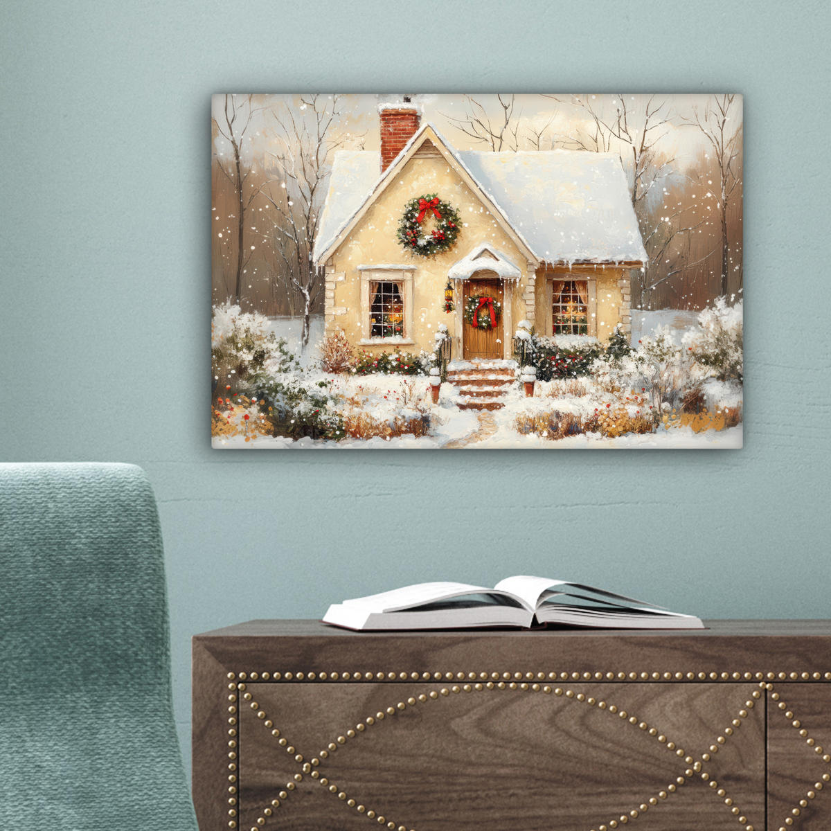 LEINWANDBILD Weihnachten - Zuhause - Winter - Schnee Deko Schlafzimmer 30x20 cm - Creme, Textil (30/20cm) - MuchoWow