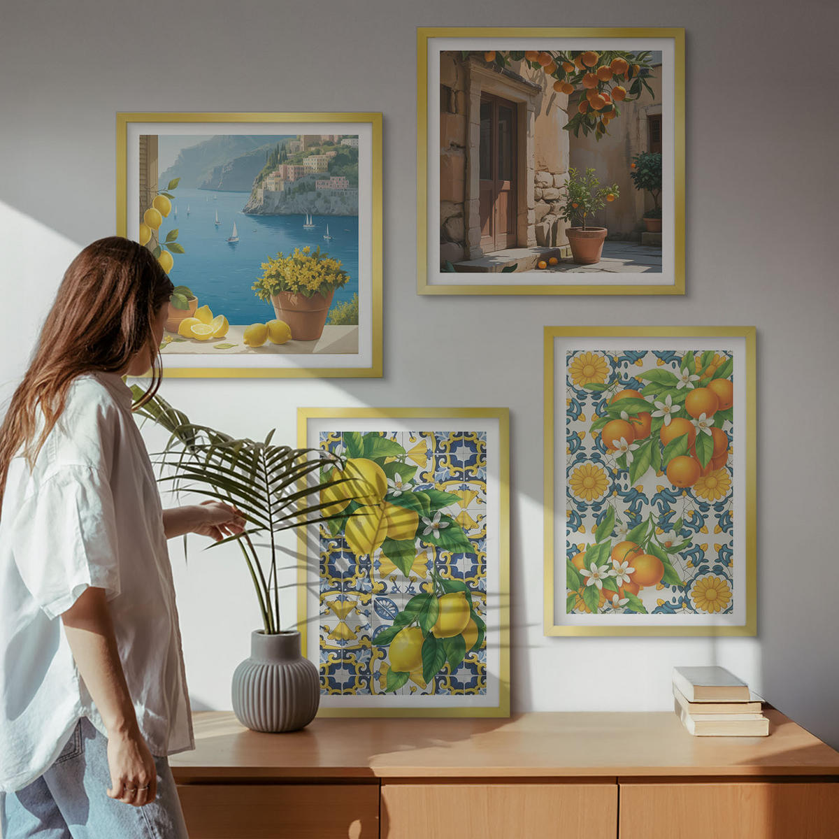 WANDBILDER 4er Set - 50x50 cm & 40x60 cm Goldrahmen - Zitronen, Blumen, Orangen, Italien - Goldfarben, Kunststoff (50/50cm) - ArtPrintCave