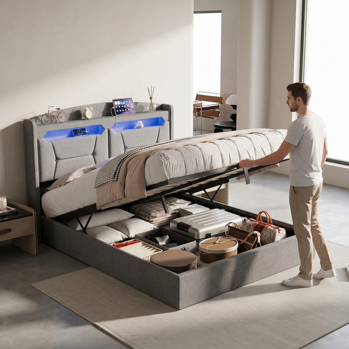 POLSTERBETT 140/200 cm grau mit Stauraum, LED und USB - Grau, Holz