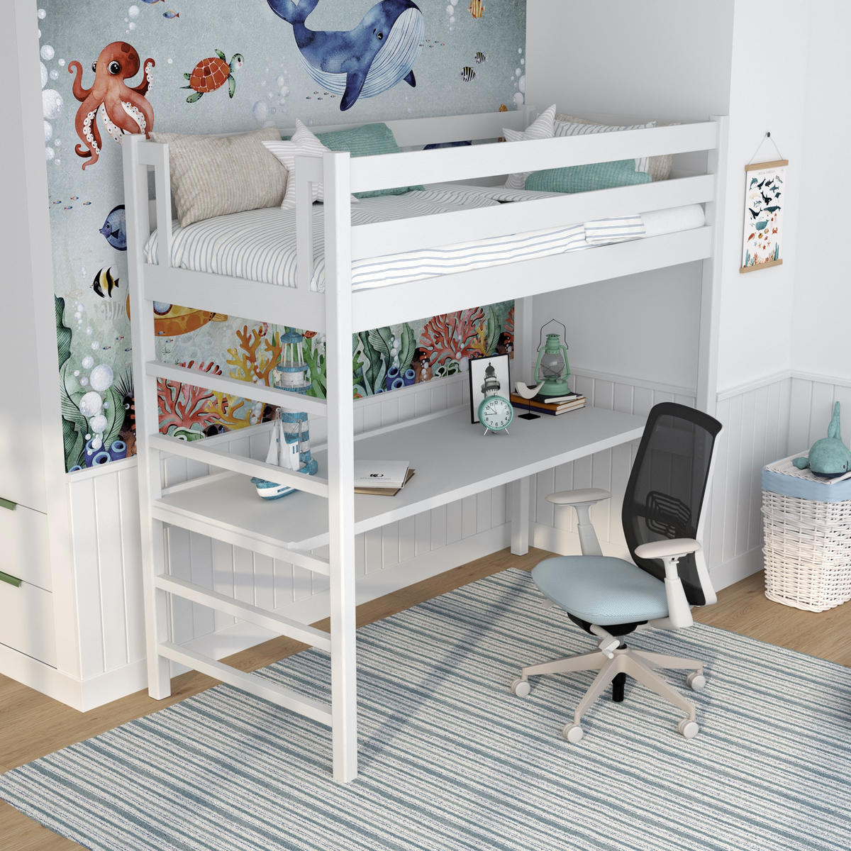 HOCHBETT N01 mit Schreibtisch Weiß 100/190 - Weiß, Naturmaterialien/Holz (100/190cm) - N-Wood