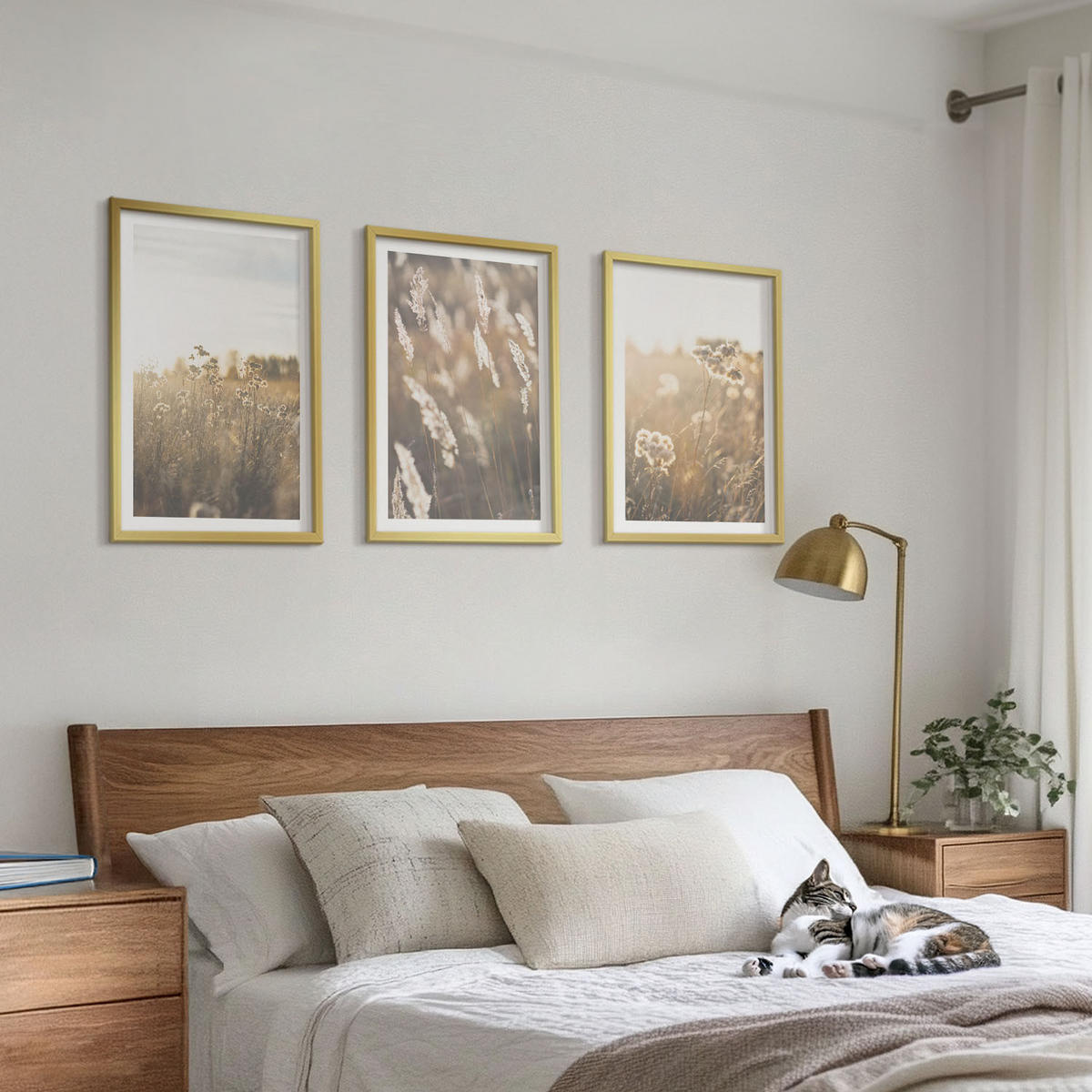 BILDER SET 3er Set - 40x60 cm Goldrahmen - Landschaftsgrasblumen Wärme - Goldfarben, Kunststoff (40/60cm) - TULUP
