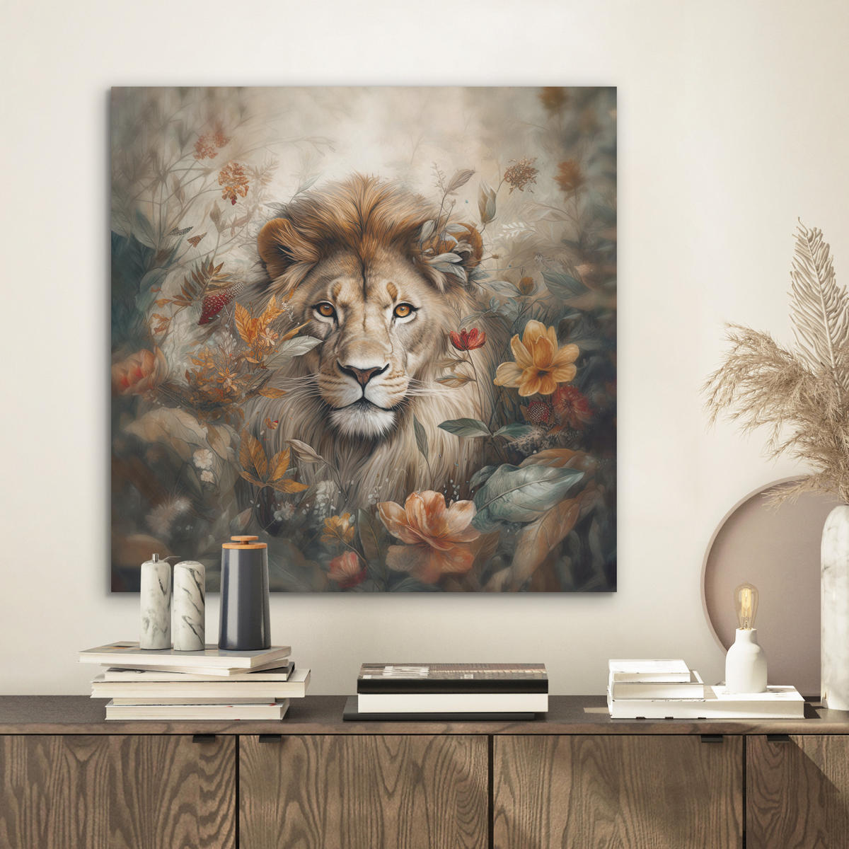 AKUSTIKBILD Löwe - Wildtiere - Pflanzen - Natur - Blumen Wandbilder 60x60 cm - Beige, Kunststoff (60/60/0.9cm) - MuchoWow