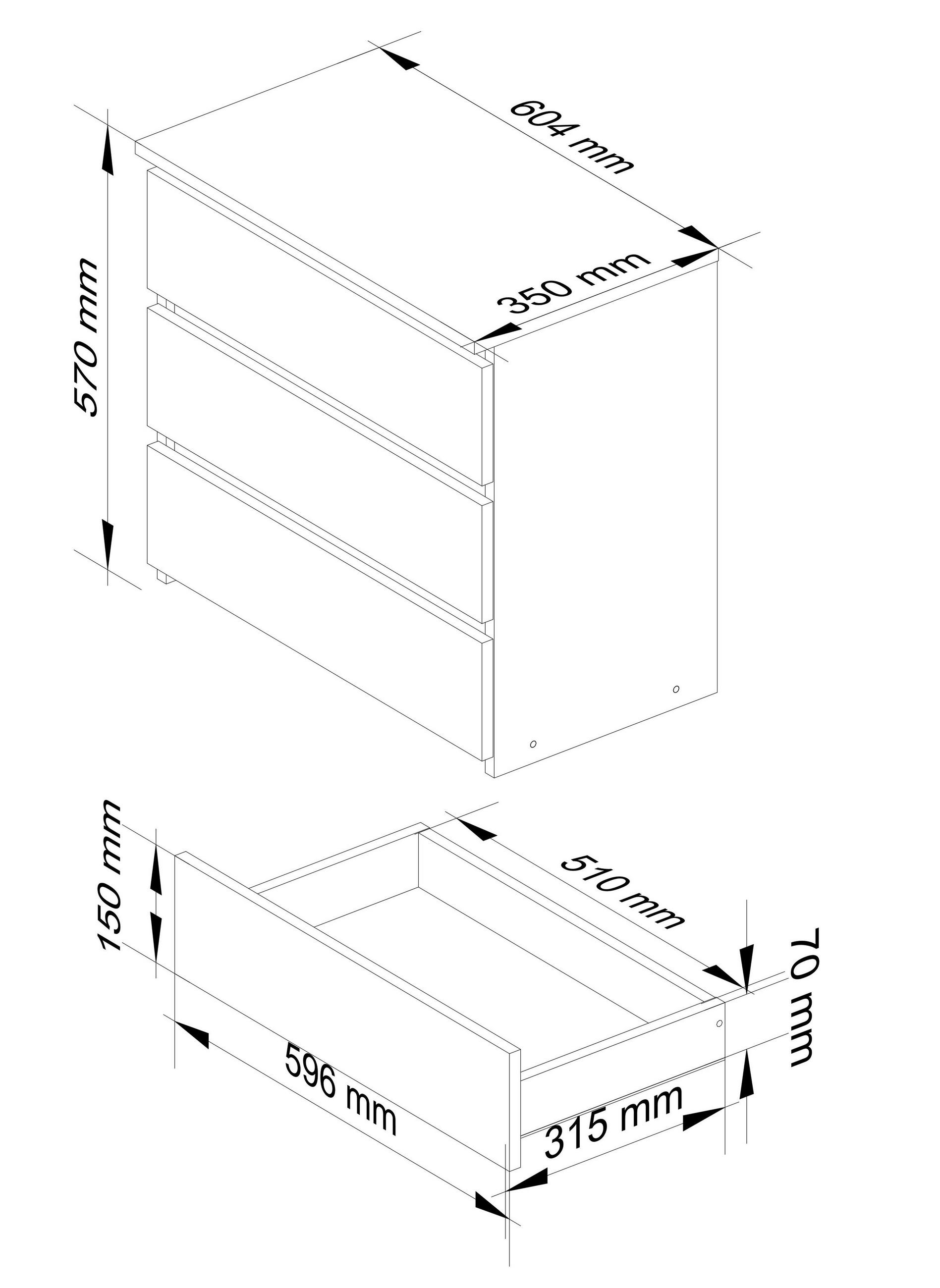 Thumbnail - Akord Nachtschrank, Weiß, Holzwerkstoff, Nachbildung, 3 Schubladen, Rechteckig,Rechteckig, 60x57x35 cm, Schlafzimmer, Na...