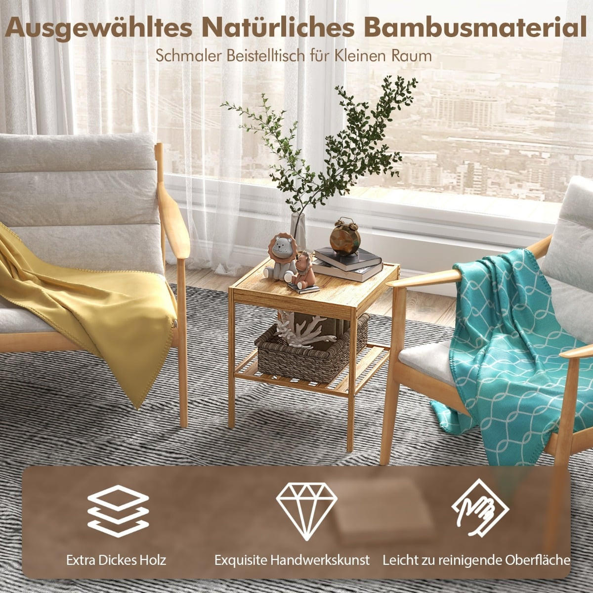 NACHTTISCHE 2er-Set aus Bambus, 2-stufiger Beistelltisch 40 x 40 x 45 cm, Natur - Naturfarben, Naturmaterialien/Holzwerkstoff (40/45/40cm) - DESIGN IN