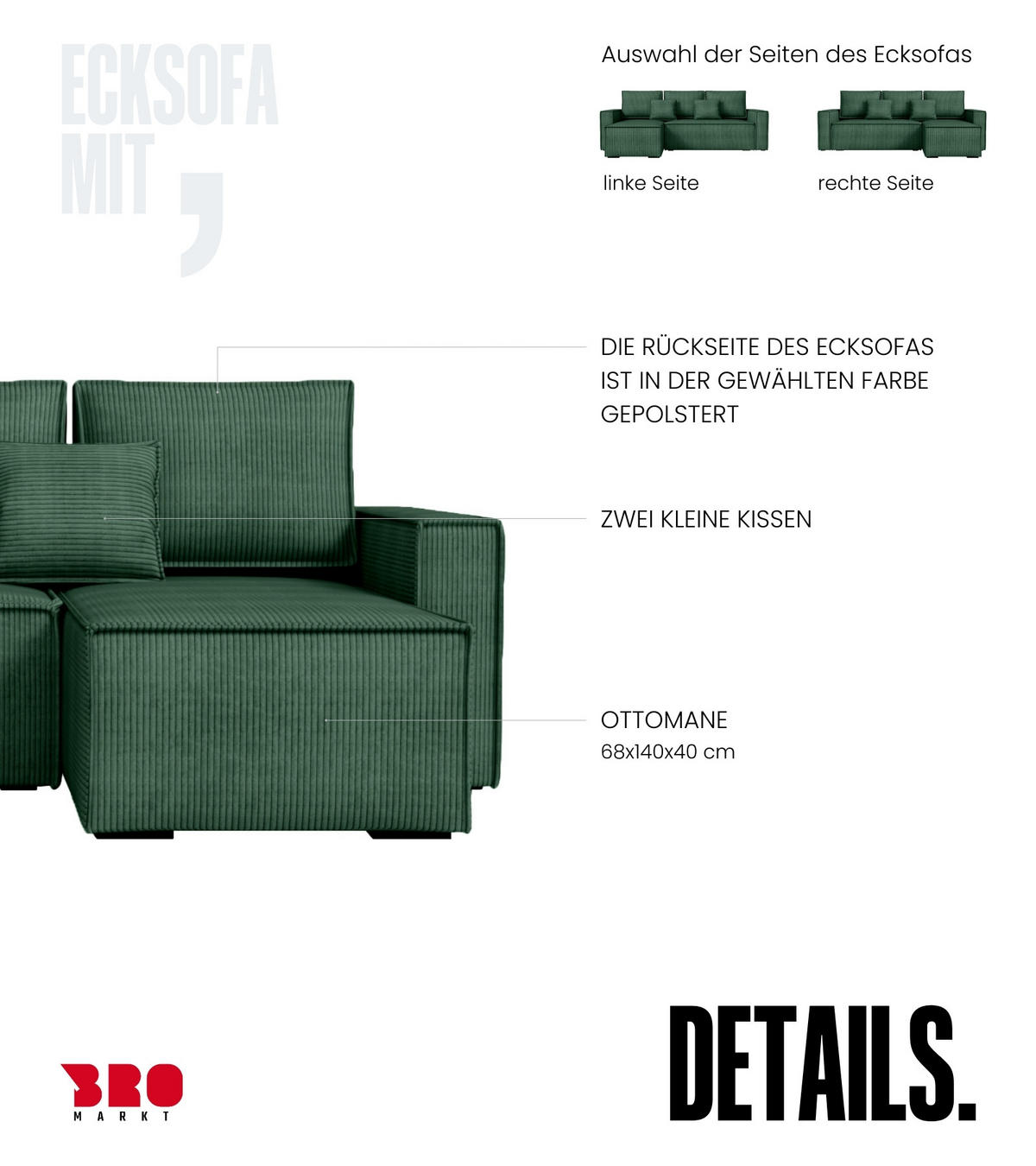 ECKSOFA Dexter mit Schlaffunktion Grün Cord - Grün, Textil (238/141cm) - Bromarkt