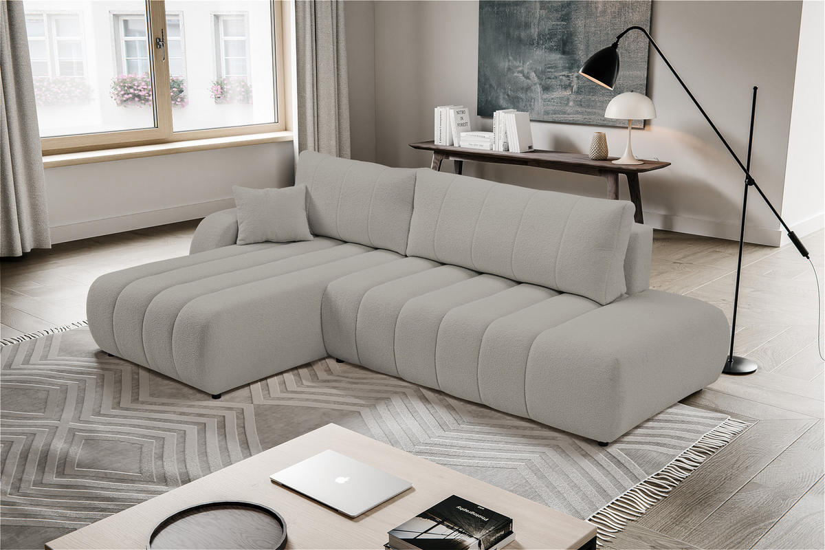 ECKSOFA Baloo mit Schlaffunktion und Bettkasten, komfortable Polsterung, Stoffbezug, lose Rückenkissen, freistehend, LINKS, 176x276x88 cm, Light Grey - Hellgrau, Holz/Textil (176/276cm) - DomoHome
