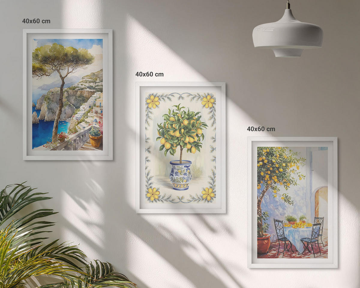 WANDBILDER 3er-Set - 40x60 cm Weißer Rahmen - Blick auf das Meer aus Zitronenbäumen - Weiß, Kunststoff (40/60cm) - ArtPrintCave