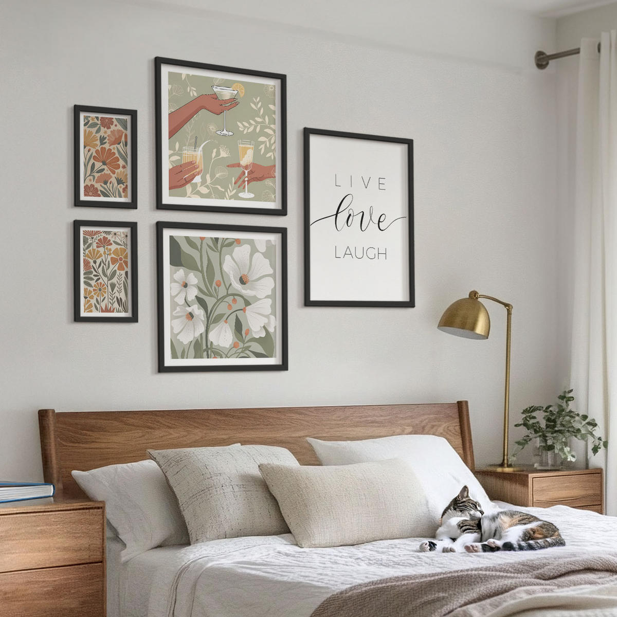 BILDER SET 5er Set - 50x50 cm & 20x30 cm & 40x60 cm Schwarzer Rahmen - Boho-Pflanzenmuster - Schwarz, Kunststoff (40/60cm) - TULUP