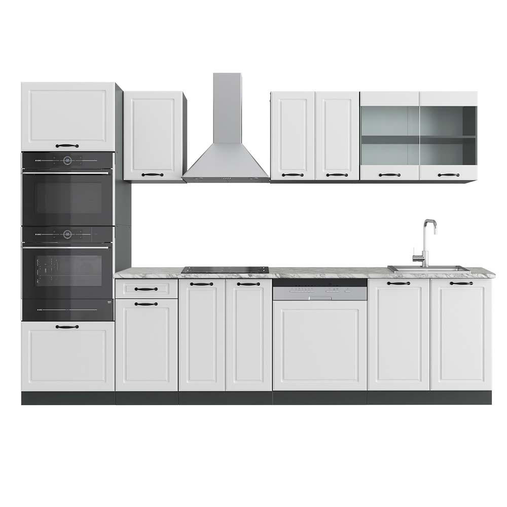 KÜCHENZEILE R-Line Weiß Landhaus/Anthrazit 300 cm mit Hochschrank AP Marmor - Anthrazit/Weiß, Holzwerkstoff (300/81.6/60cm) - Vicco