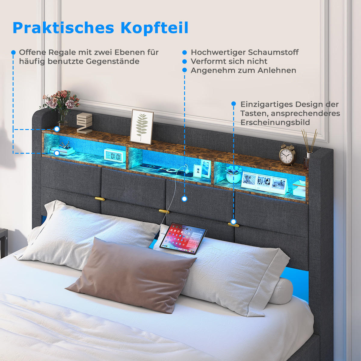 BETT 160x200 cm mit Boxspring, mit LED und USB, Schwebebett für 2 Personen, gepolstertes Kopfteil mit Stauraum, Grau - Grau, Metall
