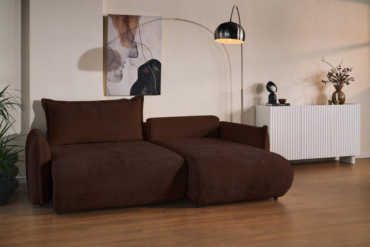 ROHOVÁ SEDAČKA Cushi, pravý roh, hnědá žinylka - černá/hnědá, textil/plast (183/252cm) - Selsey
