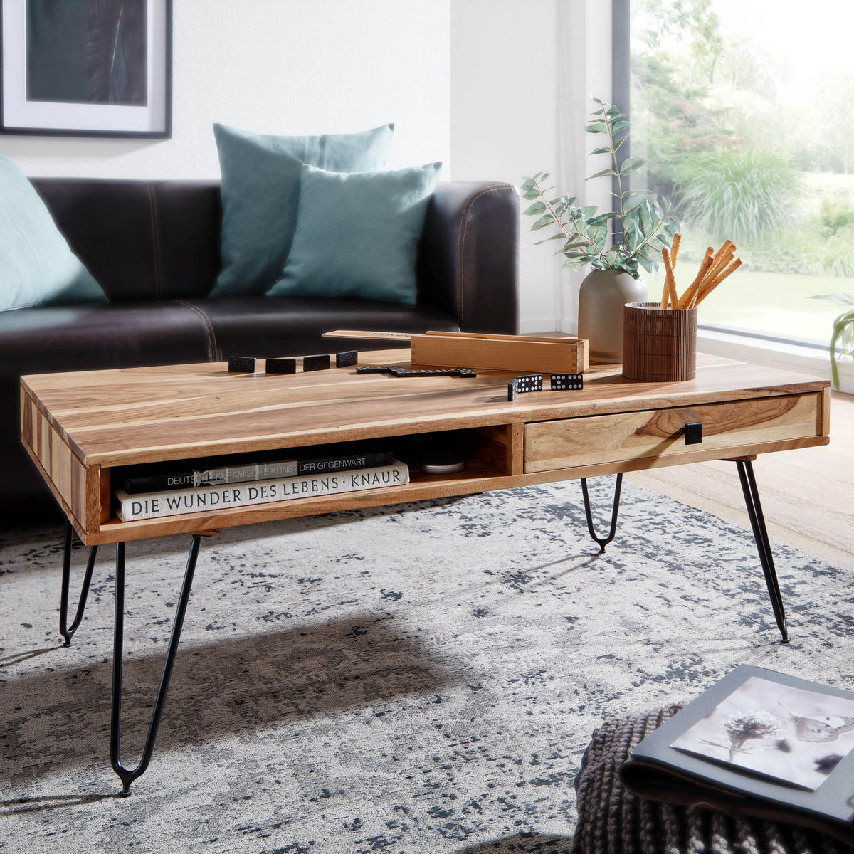 COUCHTISCH BALU mit Schubfächern aus Massivholz und Metallfüßen, leichter Aufbau, Beige 110x60x60 cm - Beige/Schwarz, Holz/Metall (60/110/60cm) - KADIMA DESIGN