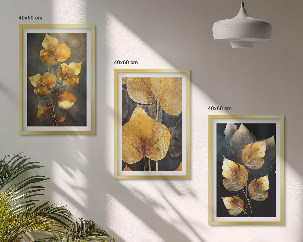 BILDER SET 3er Set - 40x60 cm Goldrahmen - Gelbe Blätter auf dunklem Hintergrund - Goldfarben, Kunststoff (40/60cm) - TULUP