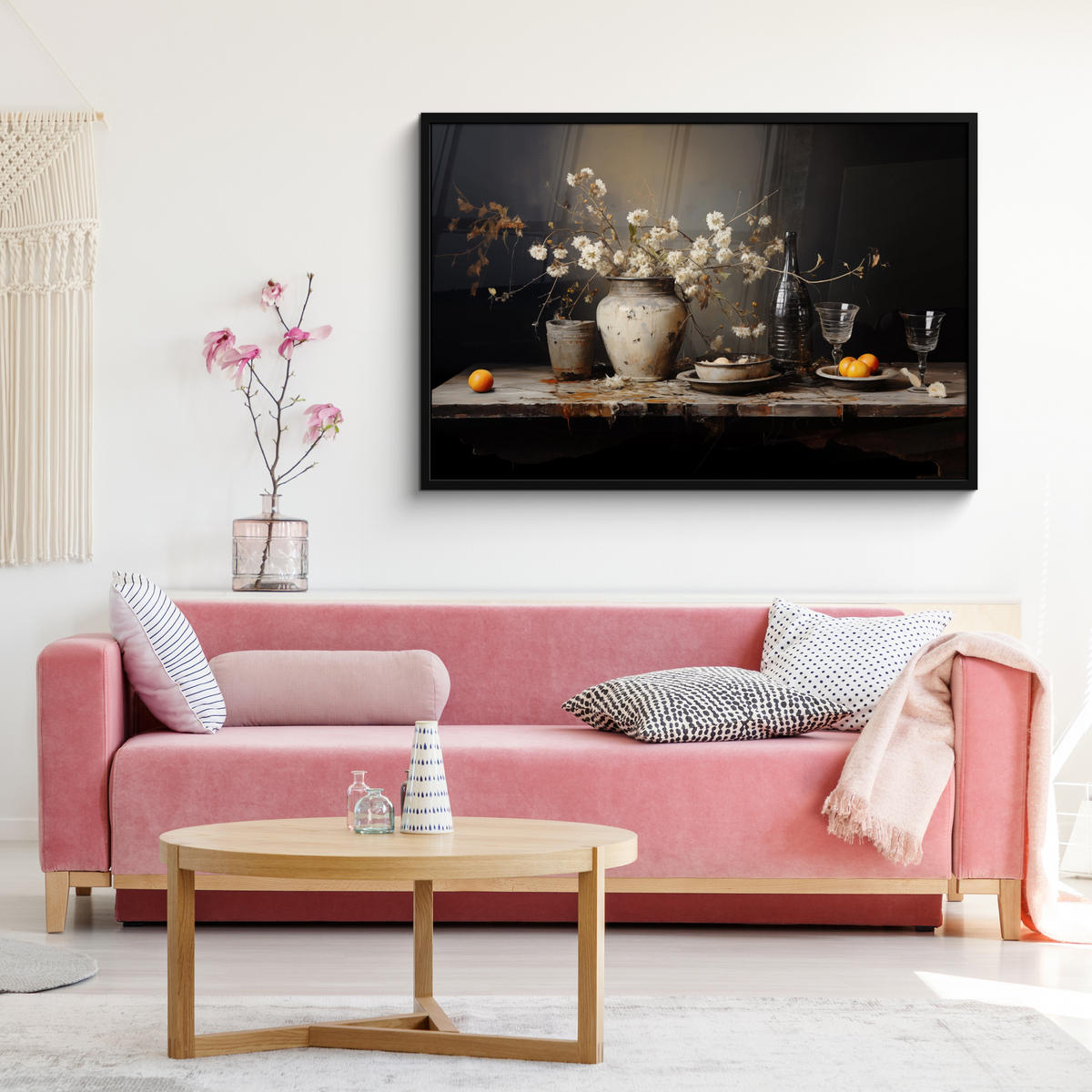 POSTER MIT RAHMEN Stilleben - Blumen - Blumenstrauß - Vase - Wein 120x80 cm - Schwarz, Papier (120/80cm) - MuchoWow