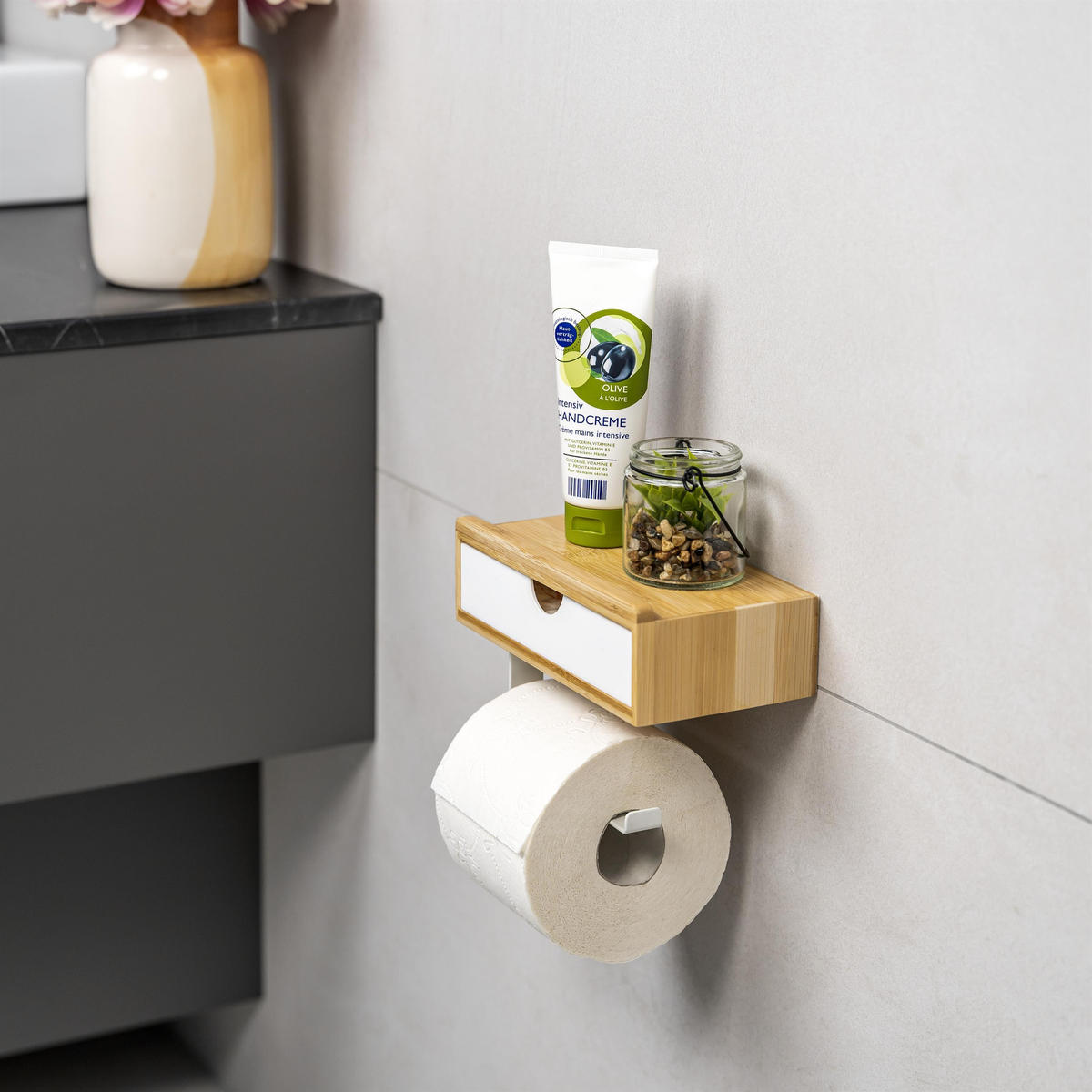 TOILETTENPAPIERHALTER 3in1 Bambus/Metall weiß - Weiß, Holz (18.5/13/10.5cm) - eluno