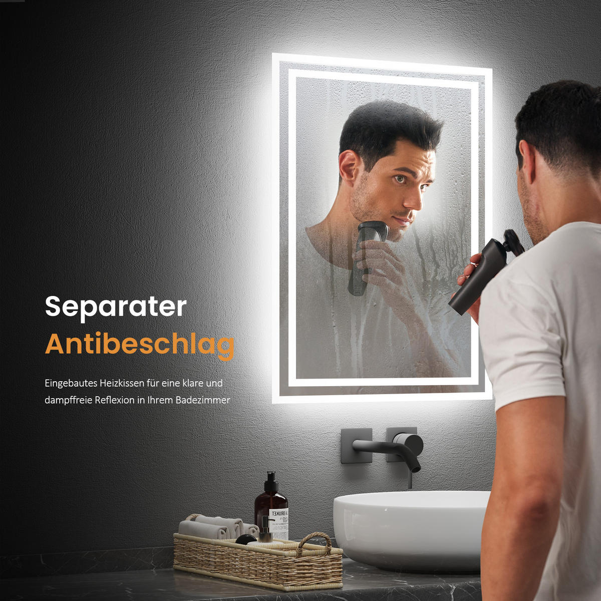 BADSPIEGEL mit Beleuchtung 80/60/3,5 cm - Weiß, Glas (60/3.5/80cm) - EMKE