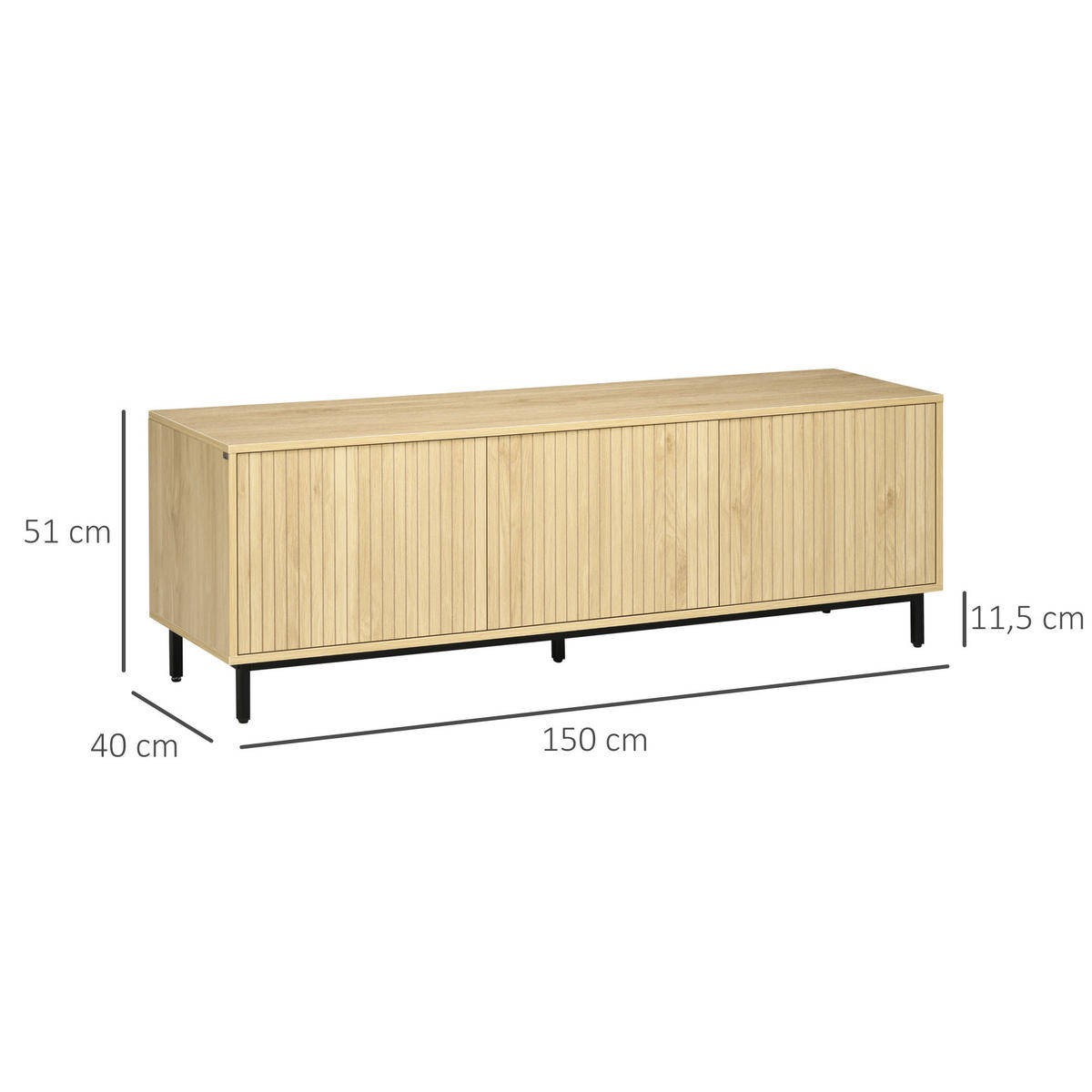 LOWBOARD Naturfarben 150/40/51 cm, 3 Türen, geriffelte Fronten, Push-to-Open - Naturfarben, Holzwerkstoff (150/51/40cm) - PANGIVO