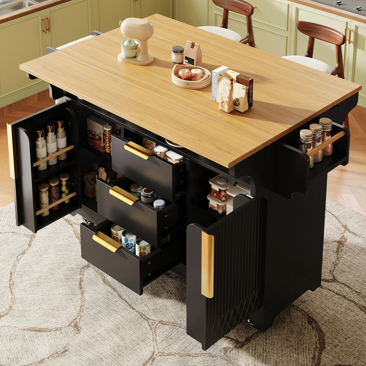 KÜCHENINSEL DE-38364 120/197 cm ausklappbar mit 3 Schubladen Schwarz - Schwarz, Holzwerkstoff (120/95/40cm) - ComfortXL