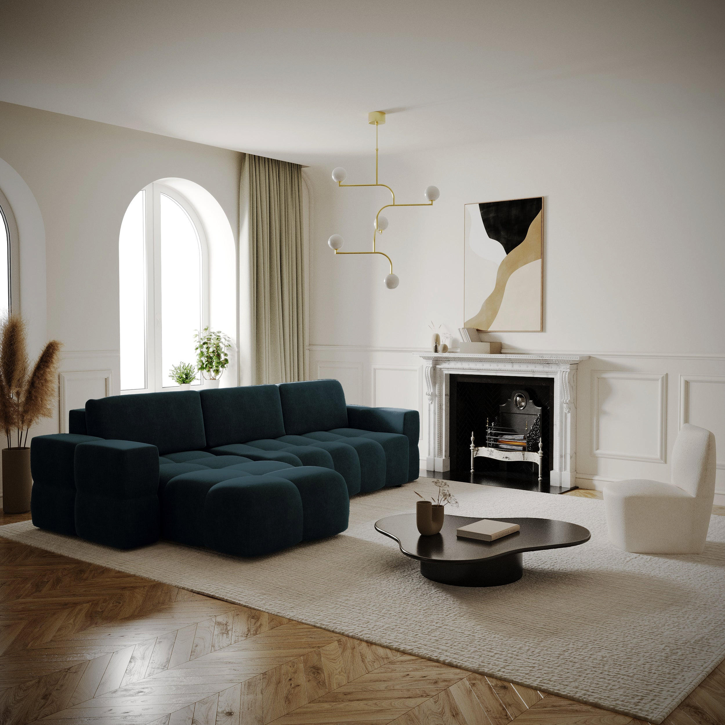 ECKSOFA LINKS Samt Pfauenblau 286cm - Blau/Hellblau, Textil (169/286cm) - Sia Home