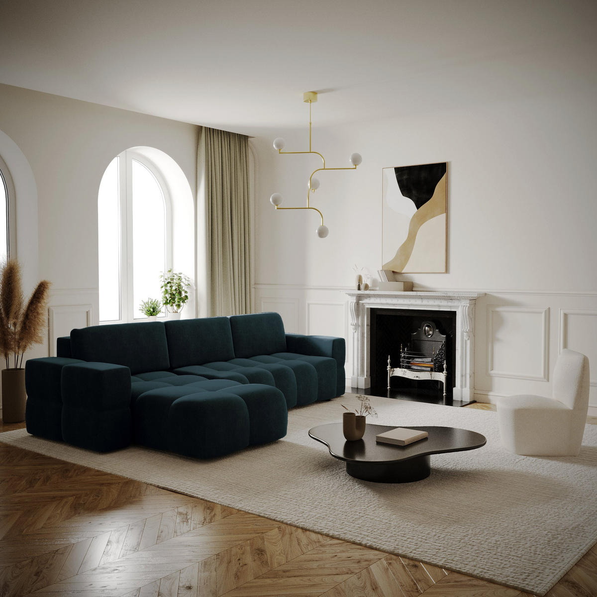 ECKSOFA LINKS Samt Pfauenblau 286cm - Blau/Hellblau, Textil (169/286cm) - Sia Home