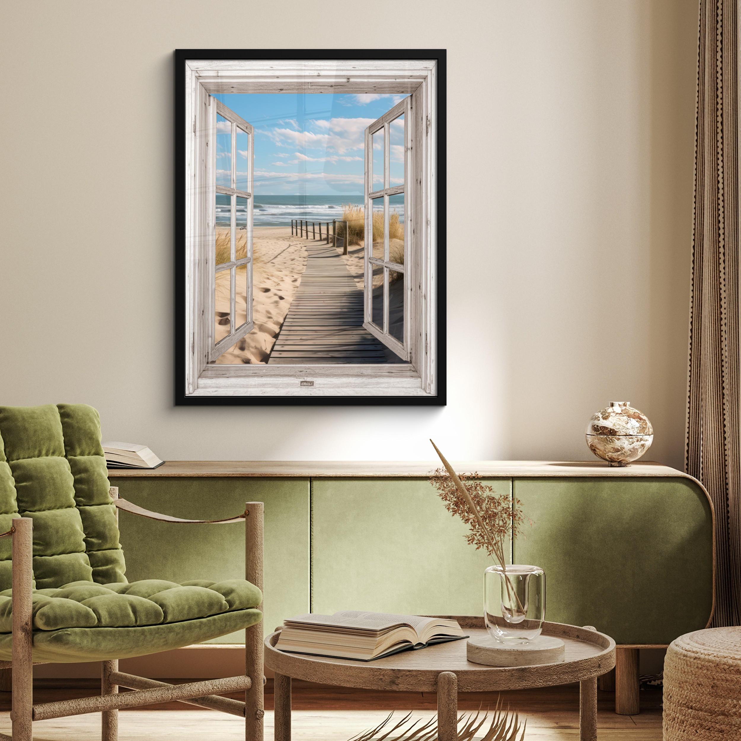 GERAHMTES BILD Fenster - Meer - Küste - Natur - Ausblick - Strand - Wattenmeer 60x80 cm - Beige, Papier (60/80cm) - MuchoWow