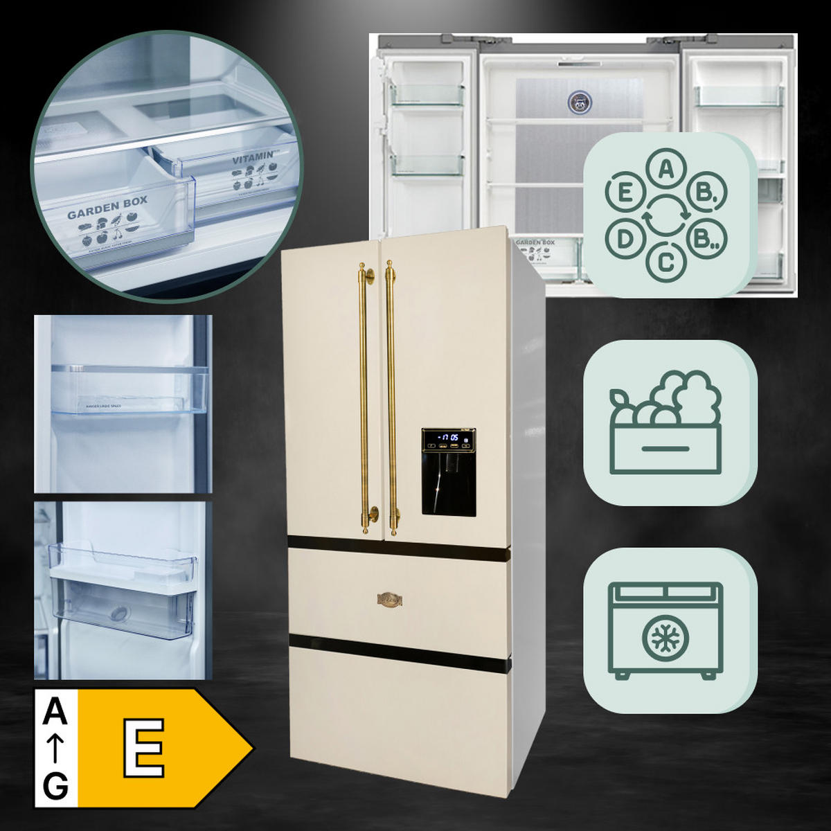 SIDE-BY-SIDE-RETRO-KÜHLSCHRANK KS 80425 ElfEm, Elfenbein, No Frost 506 L - Beige, Metall (83.6/183/70.6cm) - Kaiser Küchengeräte