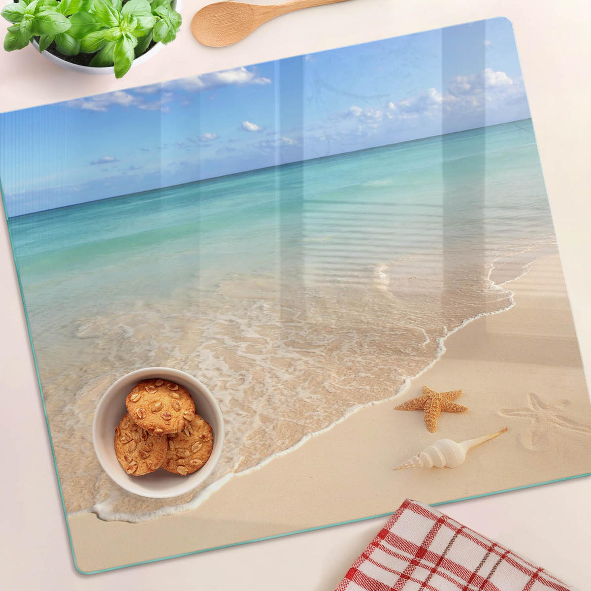 GLASPLATTE 60x52 cm Seesterne am Strand - Blau, Glas (60/0.4/52cm) - TULUP