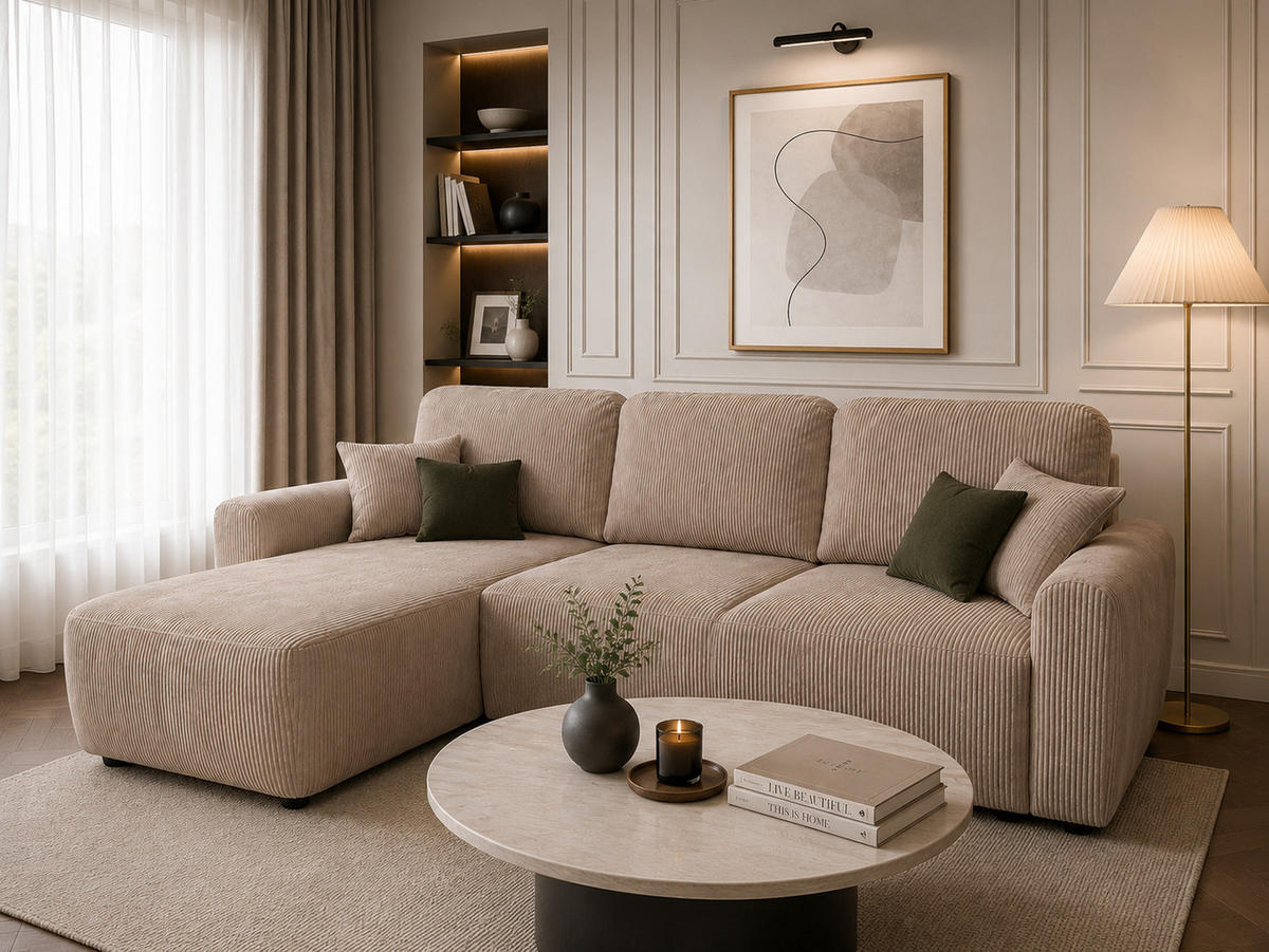 ECKSOFA HENRY in Cappuccinofarbe mit Schlaffunktion und Bettkasten - Cappuccino, Textil (232/150cm) - KS Home Concept