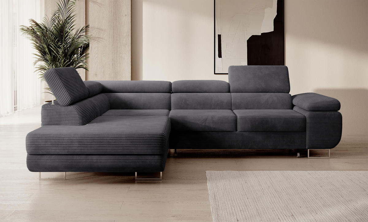 ECKSOFA Stevil Dunkelgrau Cordbezug - Dunkelgrau/Silberfarben, Textil/Metall (275/203cm) - Selsey