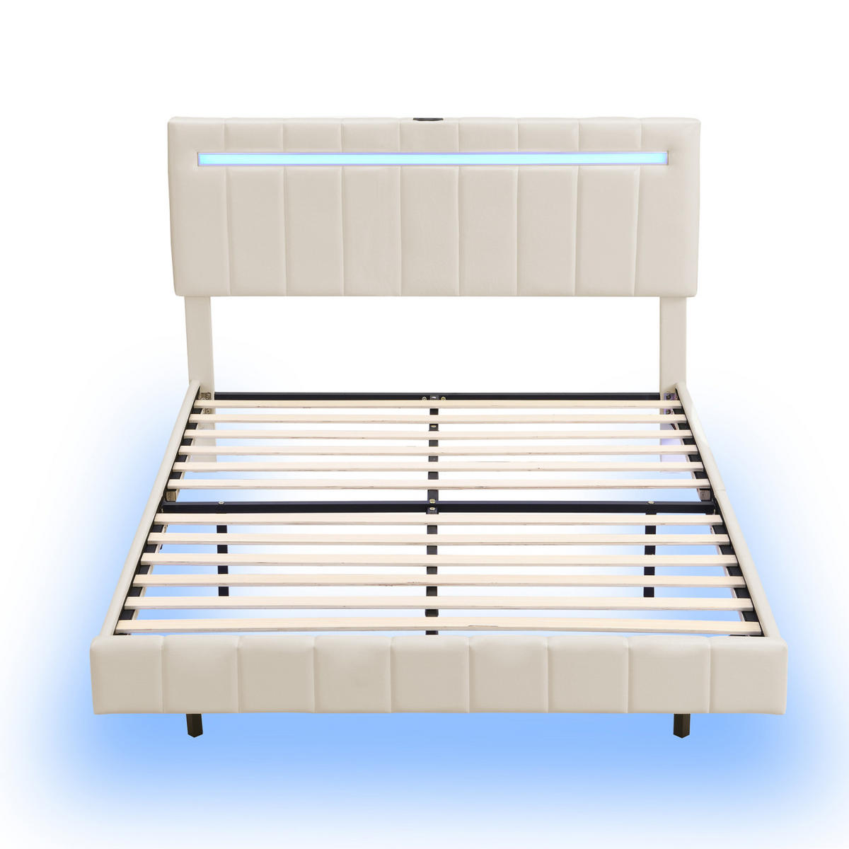 POLSTERBETT 160x200 cm Schwebebett mit LED, USB & Kopfteil, Leinen beige - Beige, Holz (160/200cm)