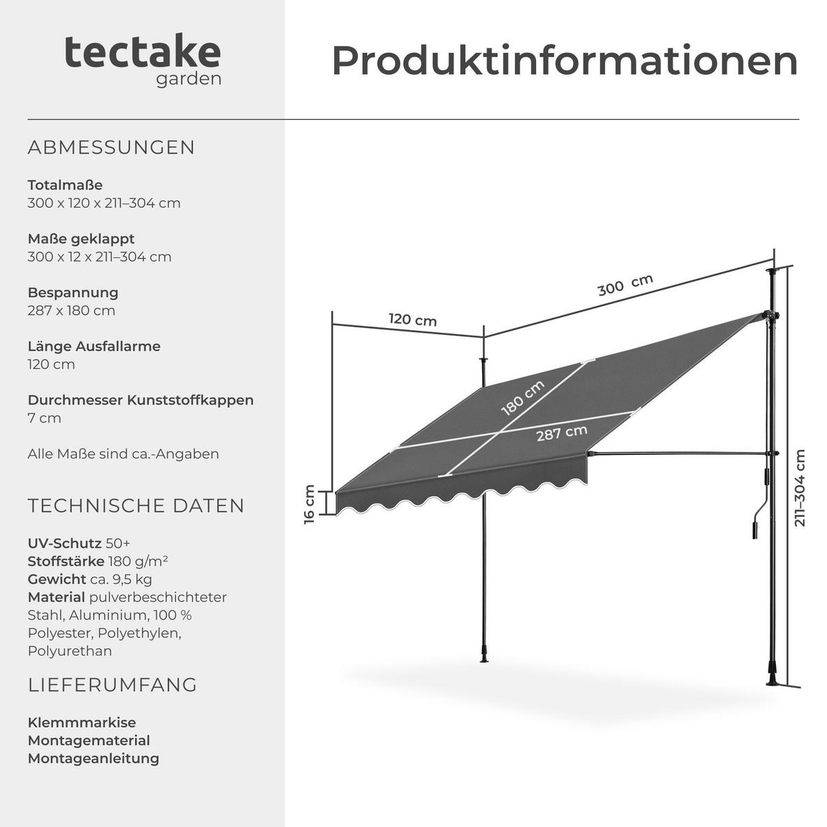 KLEMMMARKISE MIT HANDKURBEL , wasserabweisend, schwarz/grau - Schwarz/Grau, Textil (300/304/180cm) - tectake