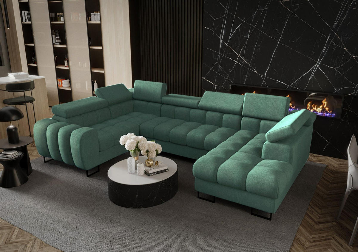 WOHNLANDSCHAFT Bastien - Grün, Holzwerkstoff/Textil (350/95/195cm) - Fun Möbel