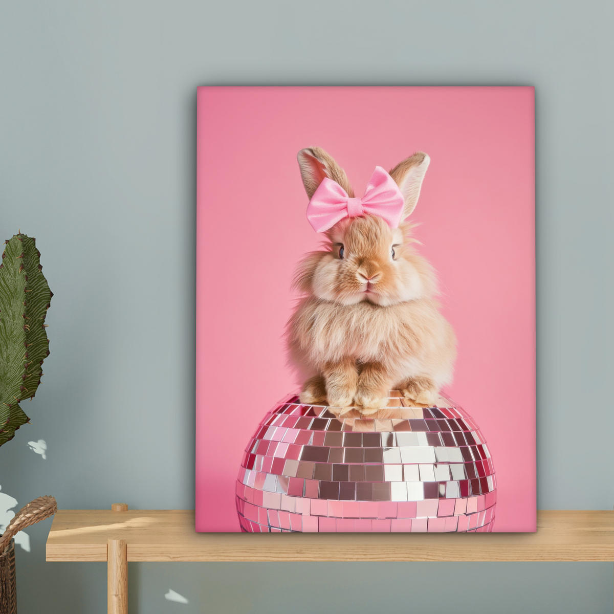 LEINWANDBILD Schleife - Discoball - Kaninchen Room Decor 30x40 cm - Pink, Textil (30/40cm) - MuchoWow