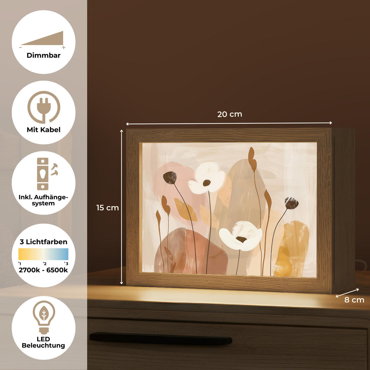 WANDLEUCHTE Blumen - Abstrakt - Beige - Strichzeichnung 20x15 cm - Sandfarben, Holzwerkstoff (20/15/8cm) - OnlyWow