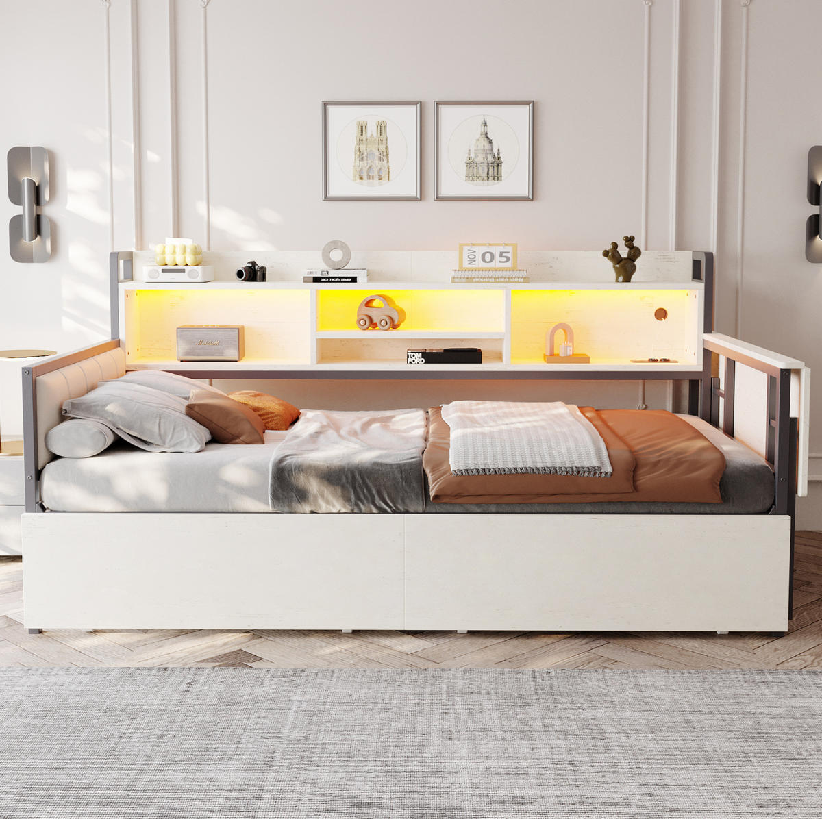 BETT 90/200 cm in Weiß mit LED-Beleuchtung, Schreibtisch und Stauraum - Weiß, Metall (90/200cm) - Flora Grace