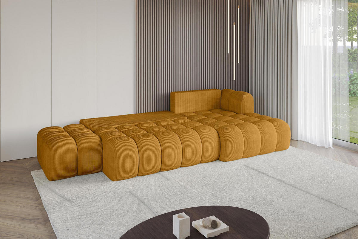 ECKSOFA mit Schlaffunktion Ottomane RECHTS OLEA-L2 321x164x75 Senfgelb Cord - Schwarz/Honig, Holzwerkstoff/Kunststoff (164/321cm) - ALTDECOR