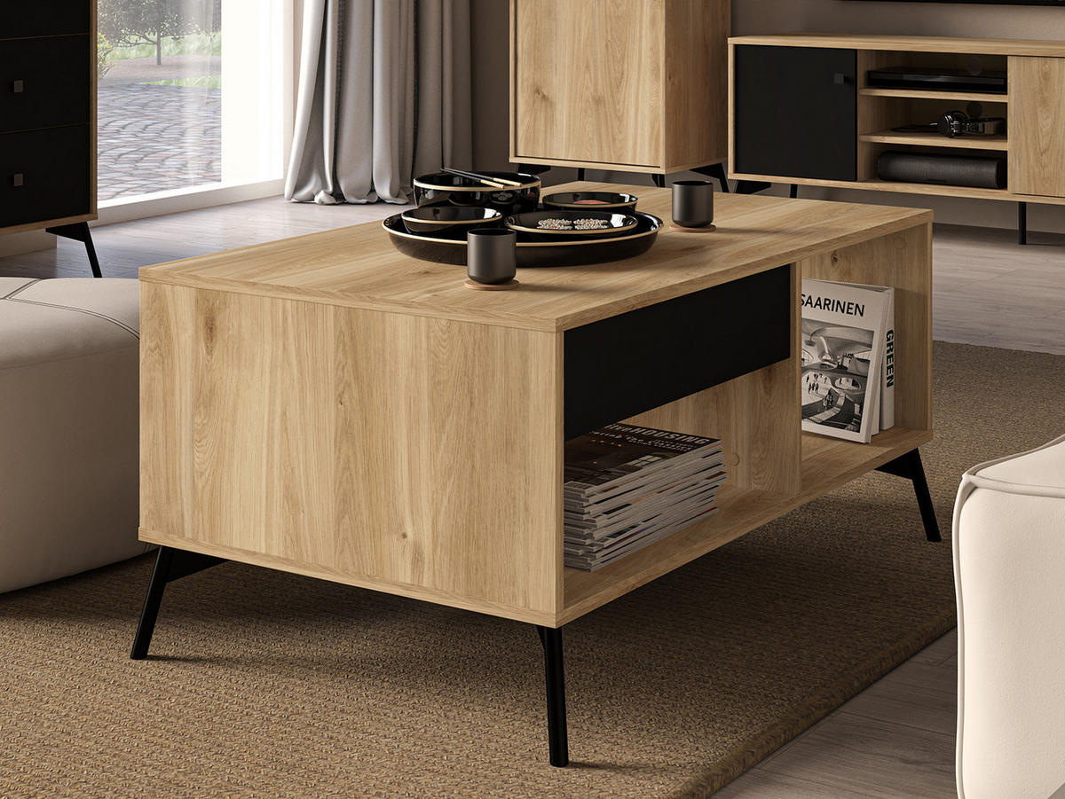 COUCHTISCH Agis Eiche castello / schwarz 100 / 60 / 48cm - Schwarz/Braun, Holzwerkstoff (60/100/48cm) - Feldmann-Wohnen