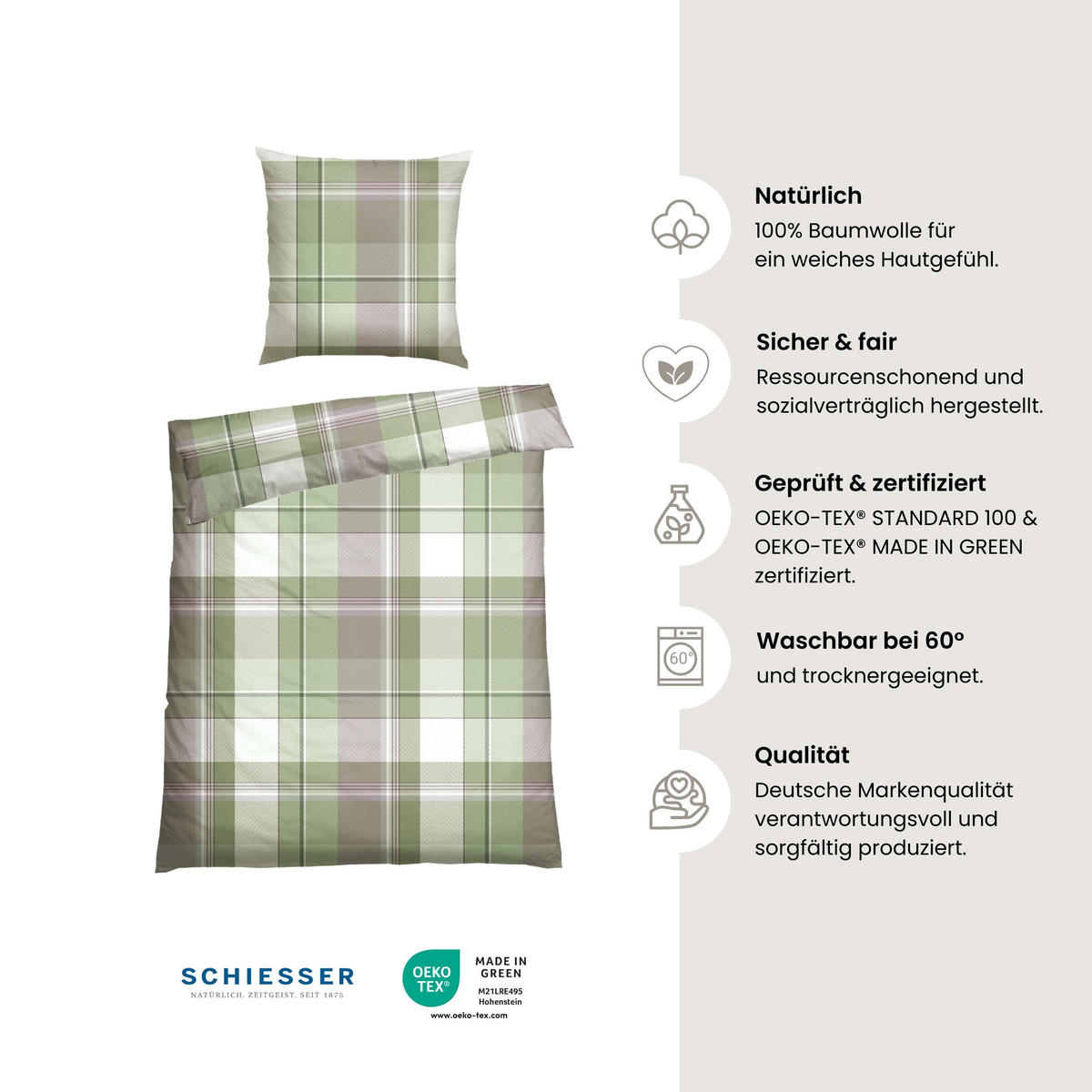 BETTWÄSCHESET Ate - Renforcé - 2-teilig - 135 x 200 cm - Grün - Grün, Textil (135/200cm) - SCHIESSER