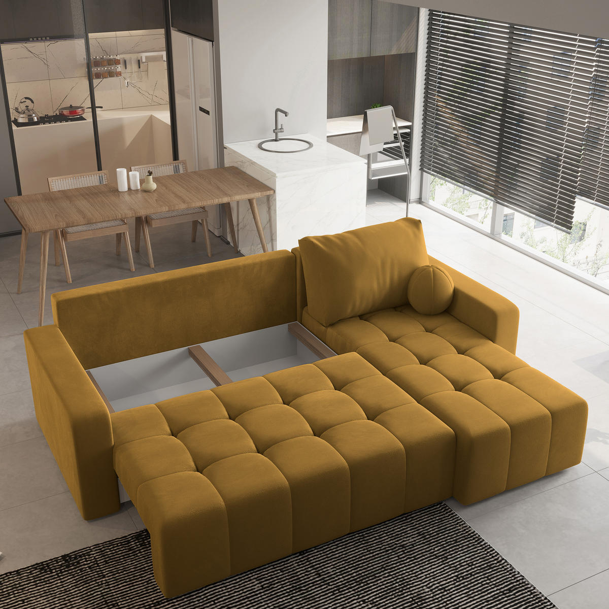 ECKSOFA VOLIRA Gelb Plüsch-Stoff mit Schlaffunktion - Gelb, Holz (230/143cm) - MASSENO