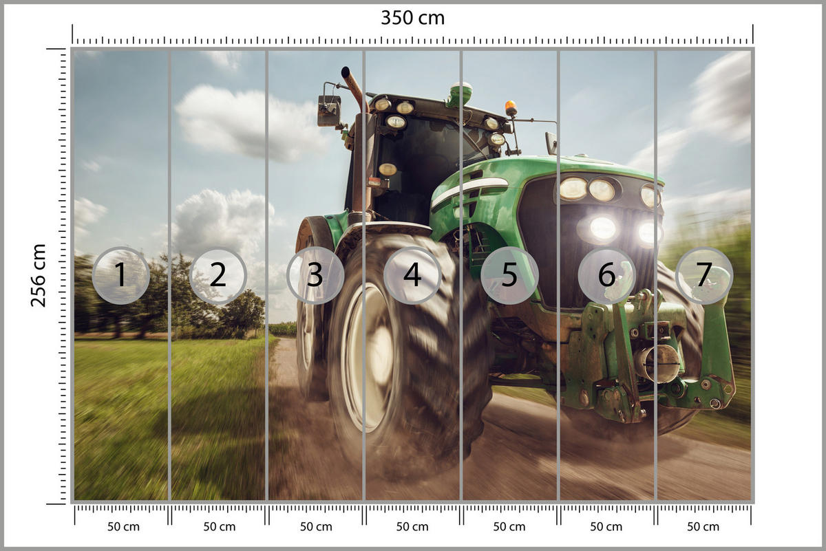 FOTOTAPETA Jazdiaci Traktor Stromy Vegetácia Poľnohospodárstvo 350 x 256 cm - čierna/biela, papier (350/256cm) - Muralo