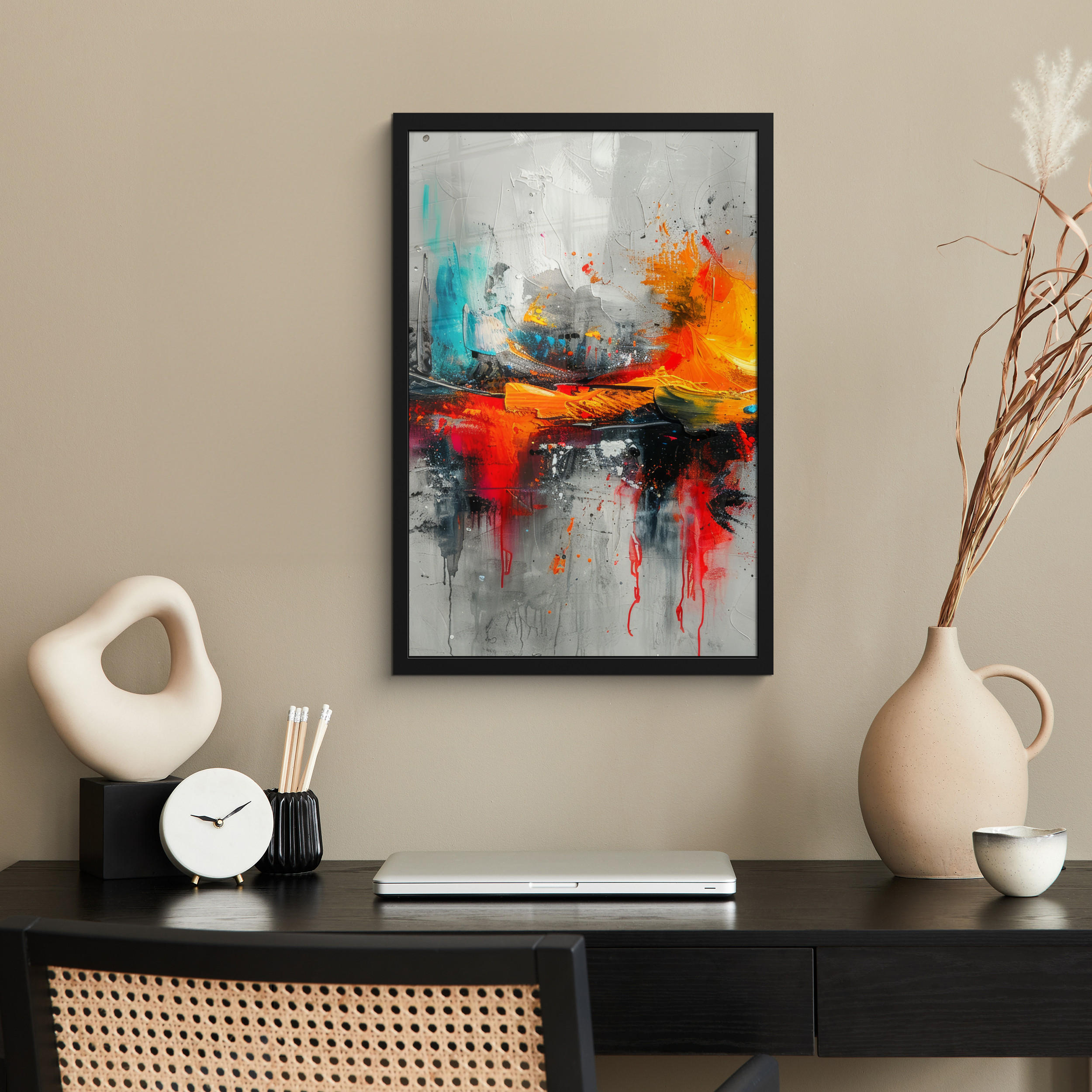 GERAHMTES BILD Moderne Kunst - Orange - Grau - Abstrakt 40x60 cm - Hellgrau, Papier (40/60cm) - MuchoWow