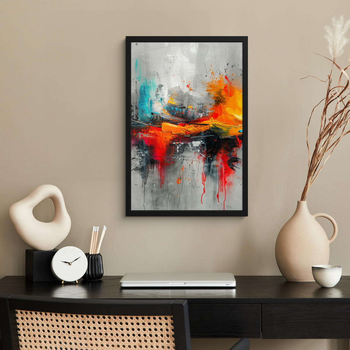 GERAHMTES BILD Moderne Kunst - Orange - Grau - Abstrakt 40x60 cm - Hellgrau, Papier (40/60cm) - MuchoWow