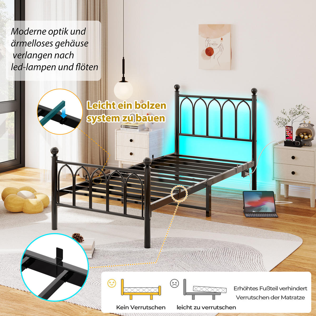METALLBETT 90x200 cm LED USB Vintage schwarz - Schwarz, Holzwerkstoff (90/200cm) - LEBENLANG